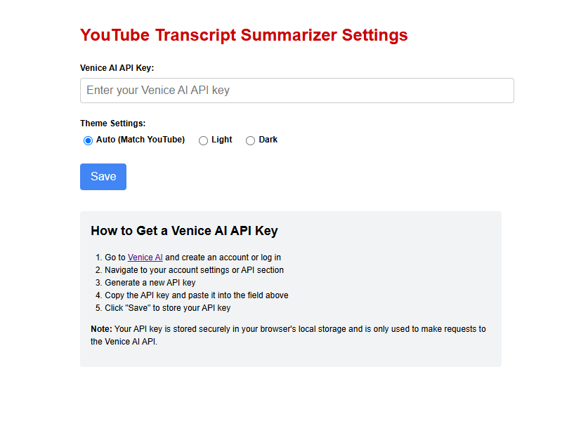 YouTube Transcript Summarizer - Settings Page